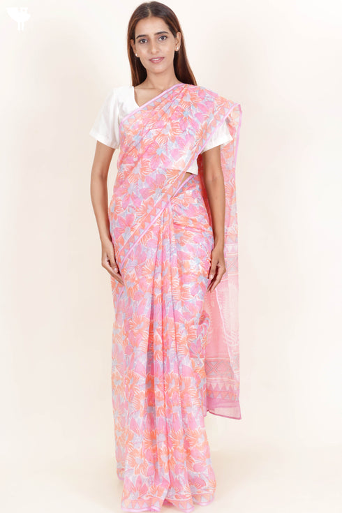 Kota Doria Saree In Floral Block Print